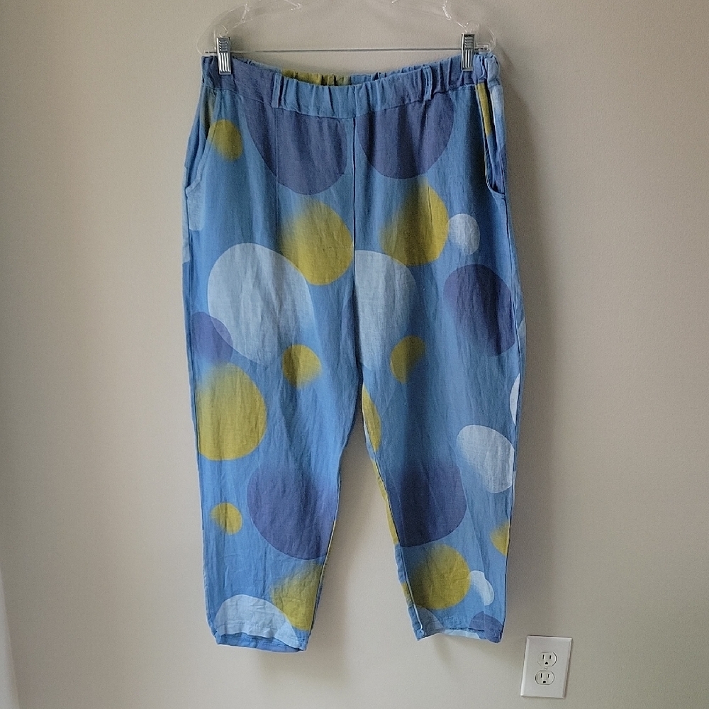 Bella Amore Made In Italy Blue and Yellow Circle Cotton Blend Pants‎ Wome Sz L